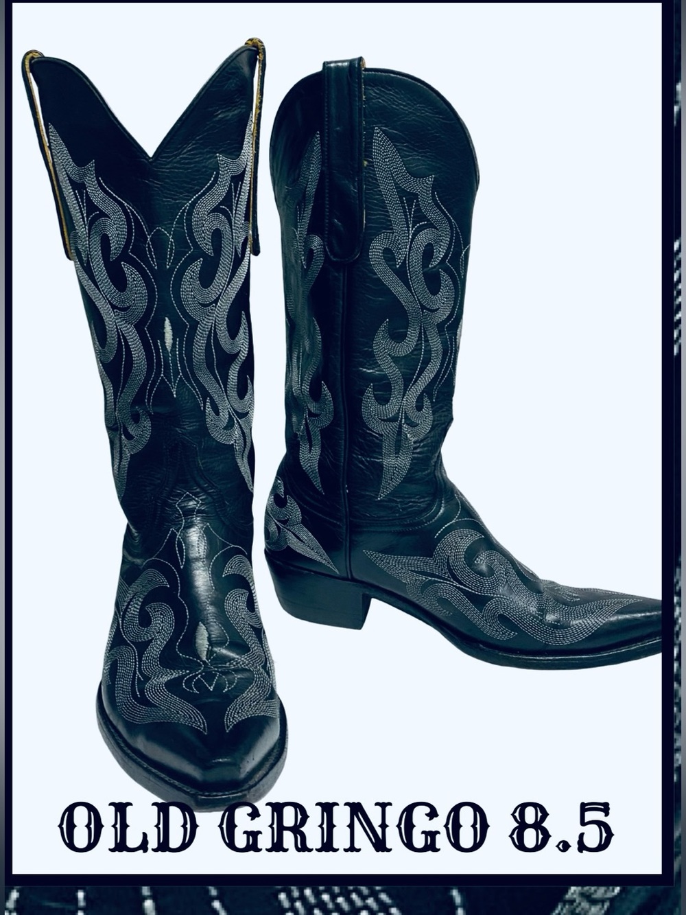 OLD GRINGO Black Leather White Stitched Flames Western Boot 8.5M